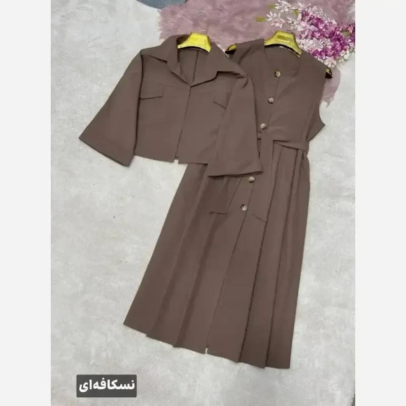 ست دوتیکه کت و سارافون کتان پلاس مشکی شکلاتی کرم سورمهای سبز سایز 38 تا 46