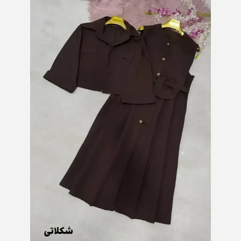 ست دوتیکه کت و سارافون کتان پلاس مشکی شکلاتی کرم سورمهای سبز سایز 38 تا 46