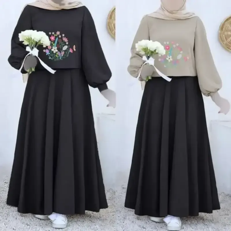 ست رویه و سارافون زنانه مازراتی گلدوزی شده رنگ مشکی و موشی فری سایز