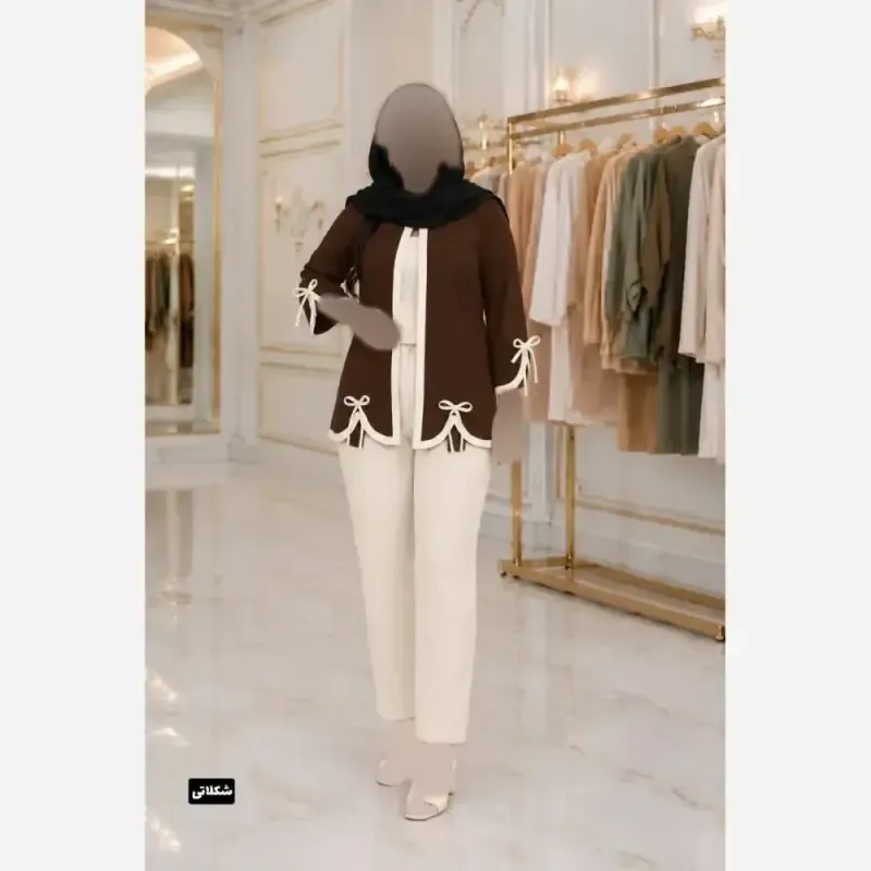 ست مانتو شلوار مازراتی نجمه رنگ مشکی شکلاتی سورمه ای سبز زرشکی کرم نسکافه ای فری سایز تا 46