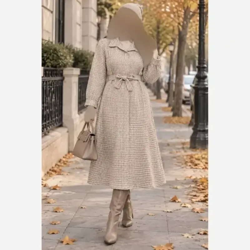کفتان موهردار زنانه جنس تافته ضخیم قد 120 با کمربند و جیب