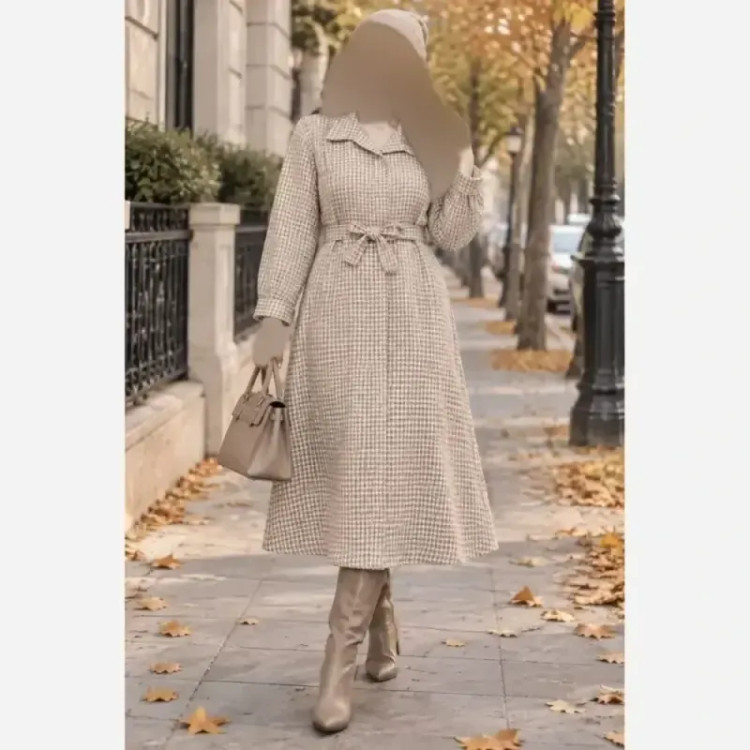 کفتان موهردار زنانه جنس تافته ضخیم قد 120 با کمربند و جیب
