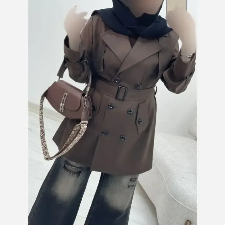 ترنچ کت زنانه جنس کتان پلاس مدل نفس سایز فری 40 تا 48 رنگ مشکی شکلاتی کرم سبز نسکافه ای