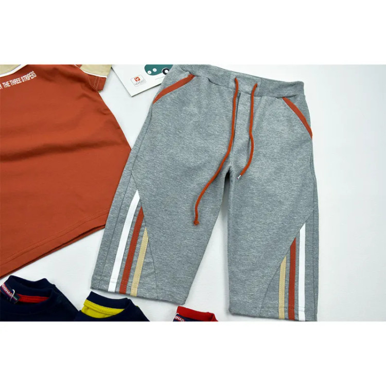ست تیشرت و شلوارک پسرانه یقه گرد طرح دار پنبه و ملانج